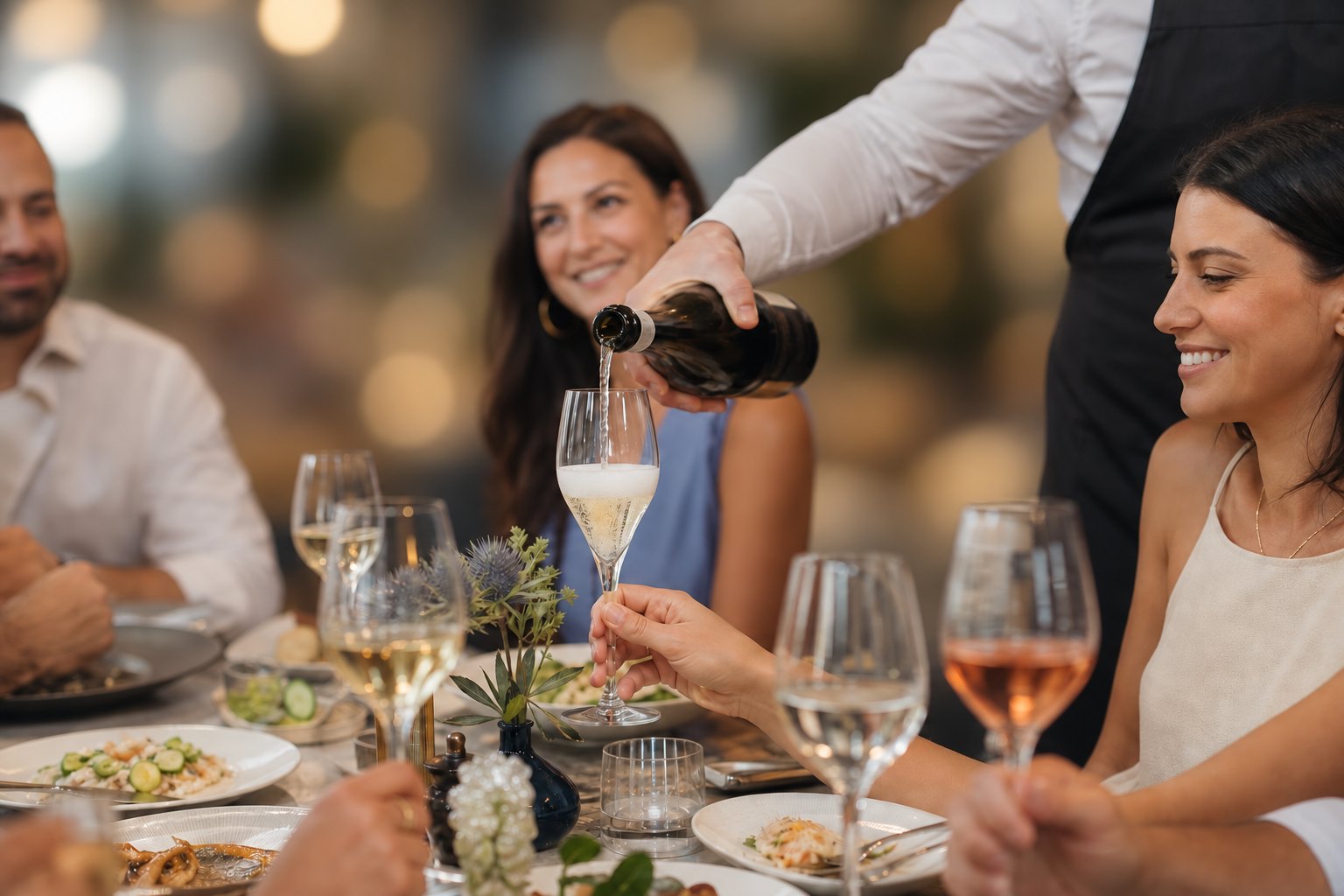 KI-Illustration: Prosecco wird am Restauranttisch eingeschenkt