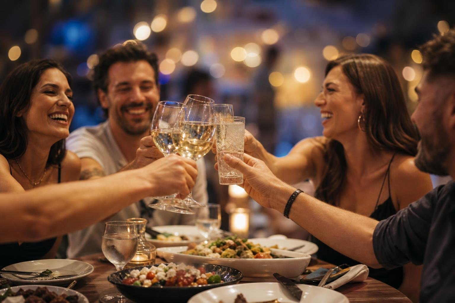 KI-Illustration zum Thema Vom Meze zum Beat: Wie im CAVOS Dinner und Party nahtlos zusammenfinden